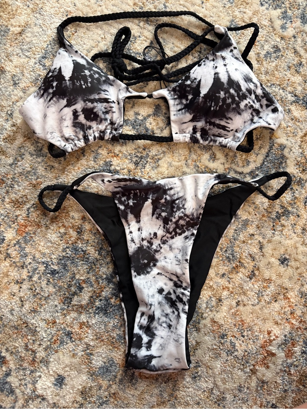 Black & White Tie-Dye Strappy Bikini Set